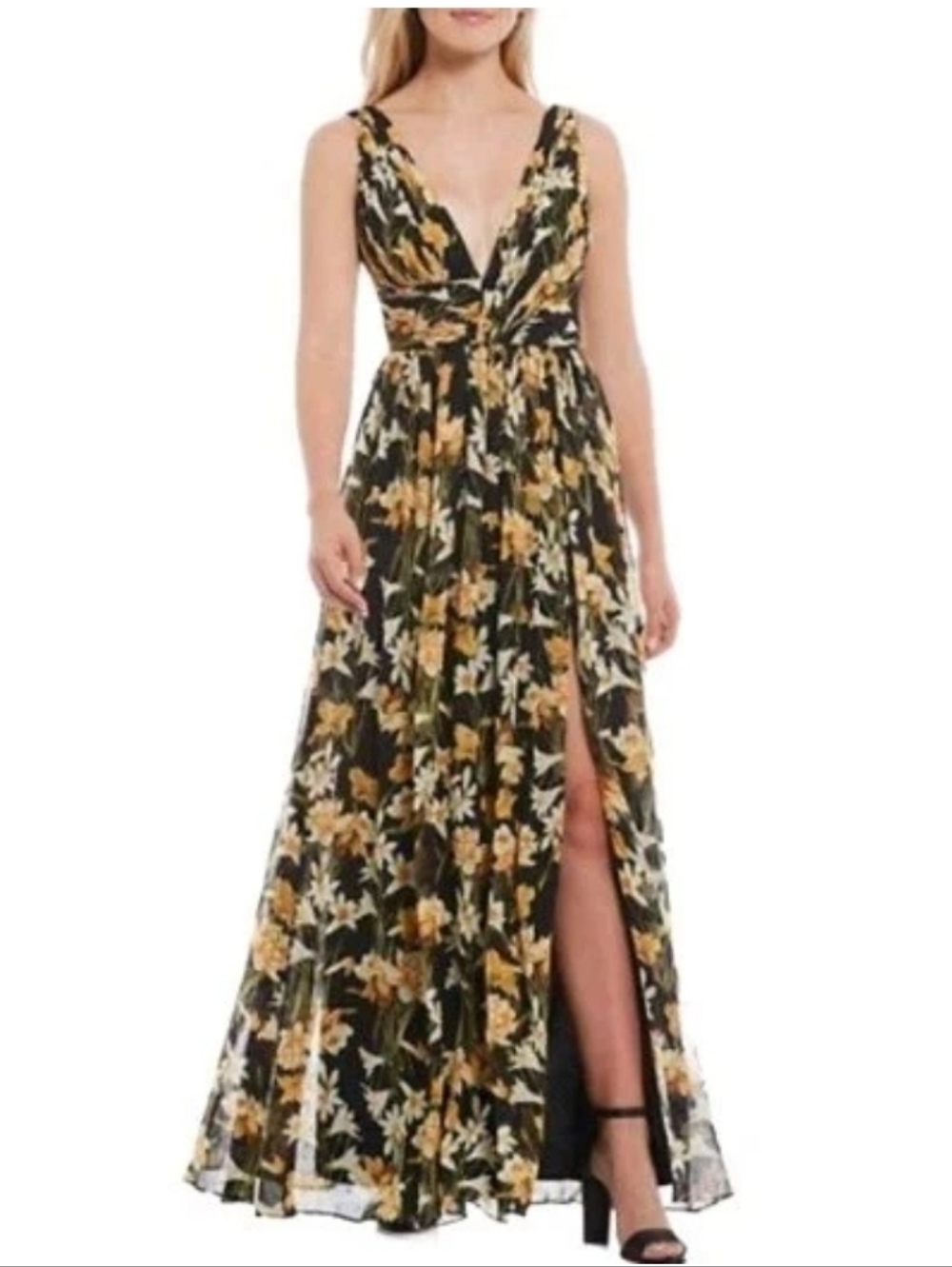 Aidan Mattox Black Multi Floral Print Sleeveless V-Neckline Maxidress Size: 2